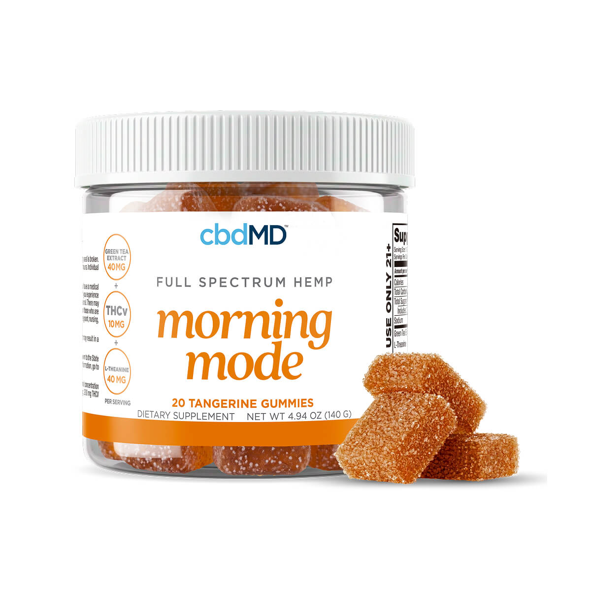 cbdMD Morning Mode Tangerine Gummies with 10mg THCv in a white jar with sugar-coated gummies.