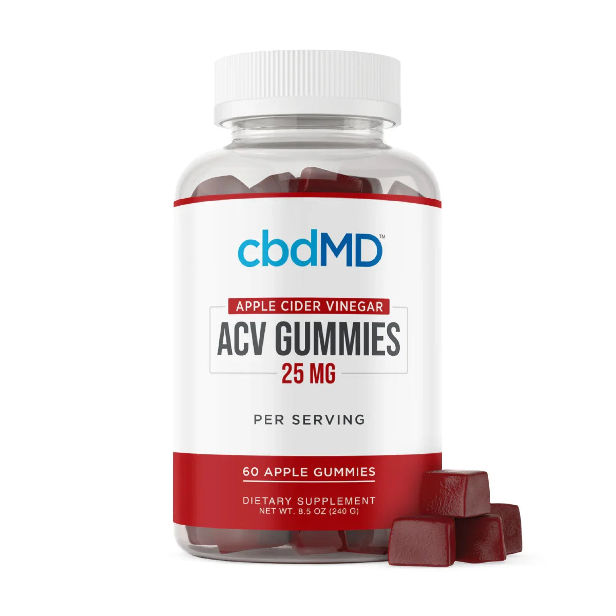 Apple cider vinegar ACV gummies dietary supplement bottle with gummies on white background
