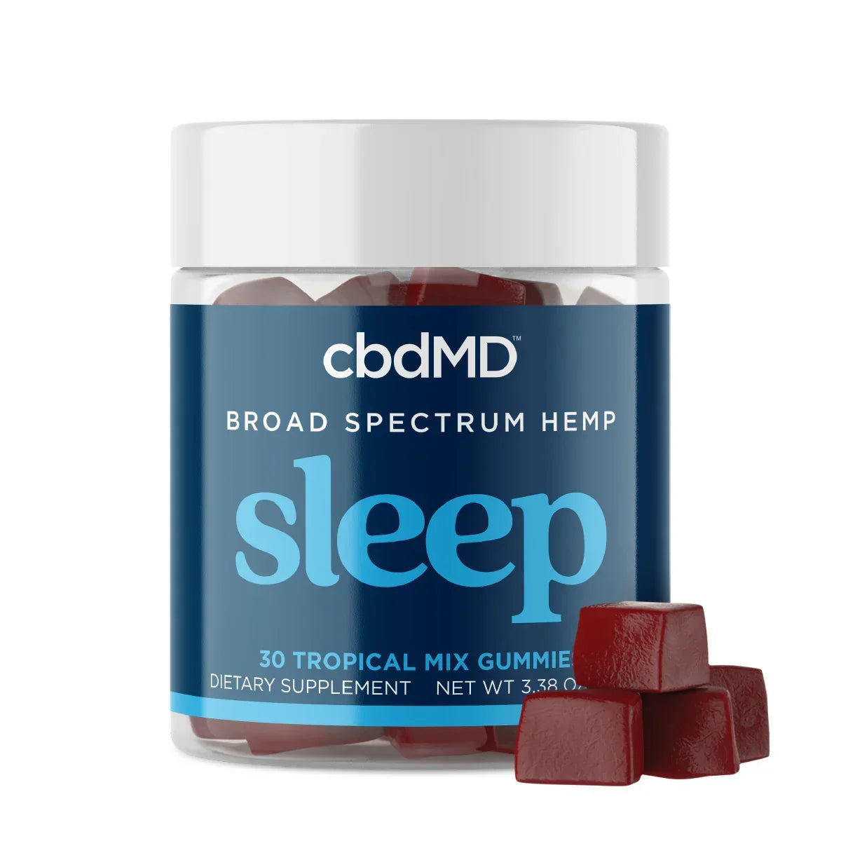 Jar of broad spectrum hemp sleep gummies with several red gummies in front