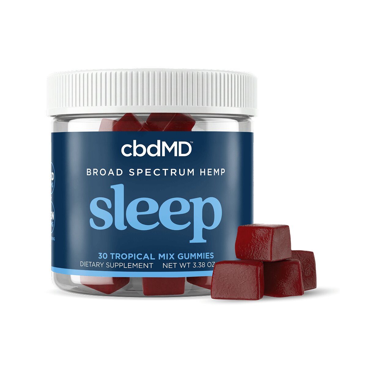 Jar of broad spectrum hemp sleep gummies with several red gummies in front