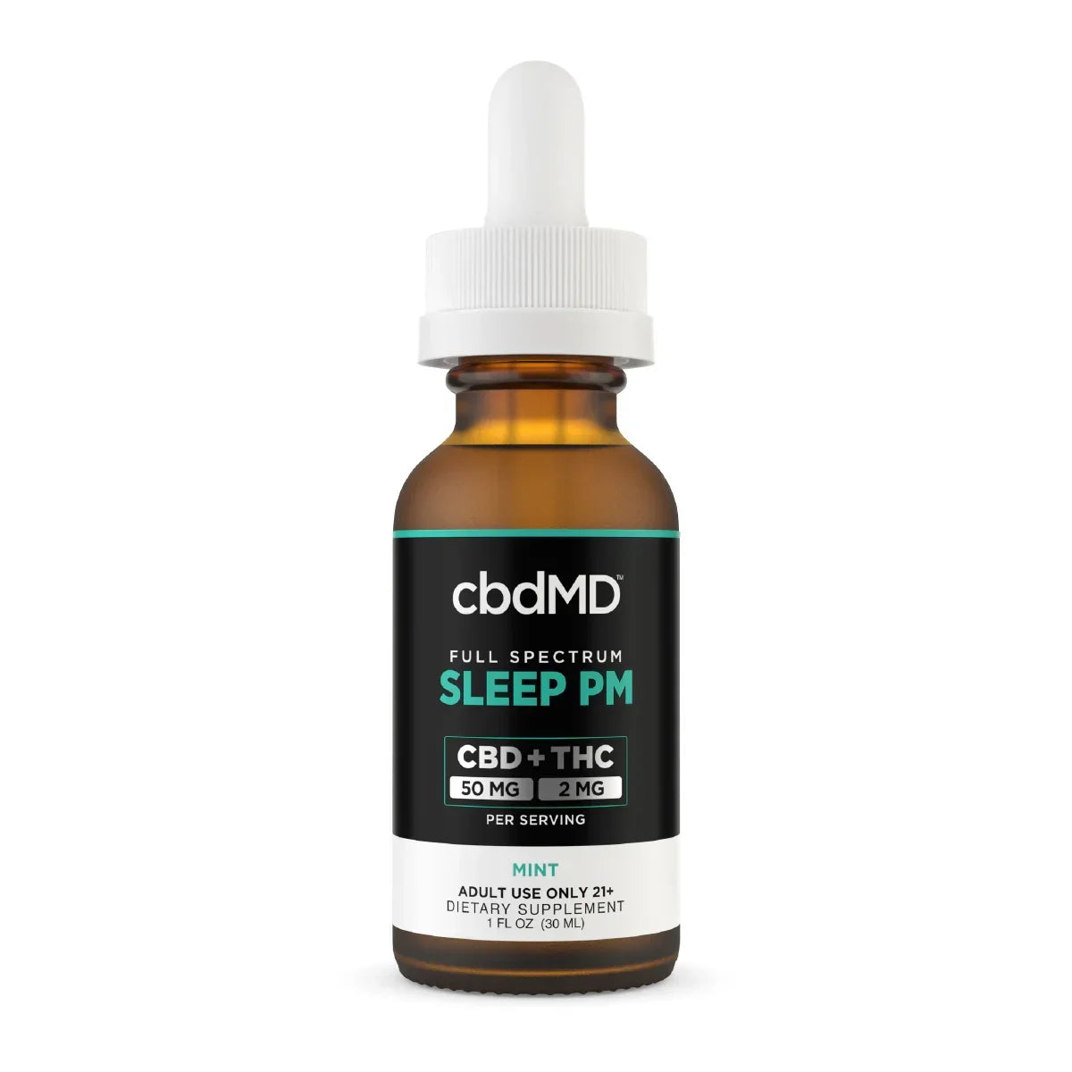 Full spectrum sleep PM CBD + THC mint tincture bottle with dropper, 1500mg, 30ml