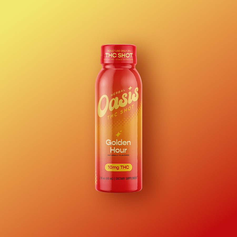 A red bottle of cbdMD Golden Hour 10mg THC Shot dietary supplement on a yellow-orange gradient background.