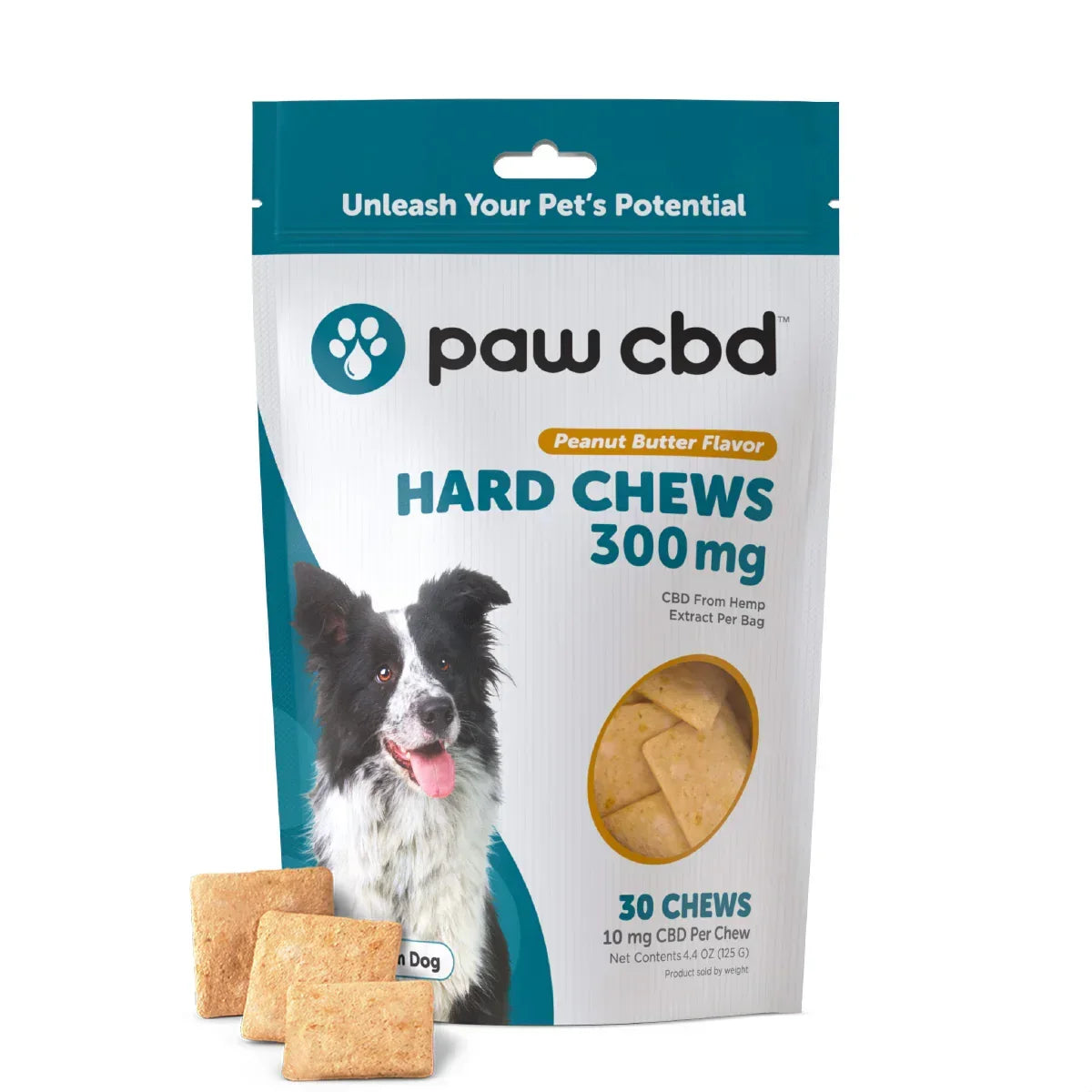 Peanut butter flavor CBD hard chews for dogs, 300mg, with packaging and treats shown.