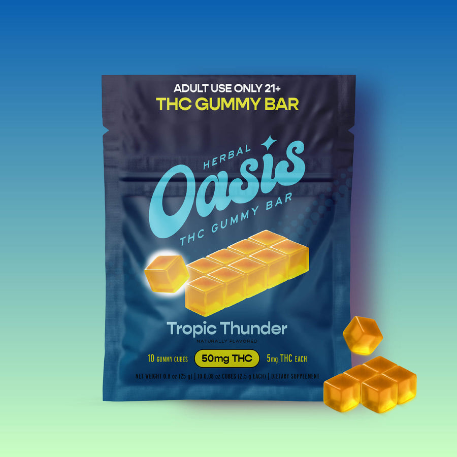 Herbal Oasis Tropic Thunder THC Gummy Bar pouch with golden gummy cubes, labeled 10 cubes and 5 mg THC each.