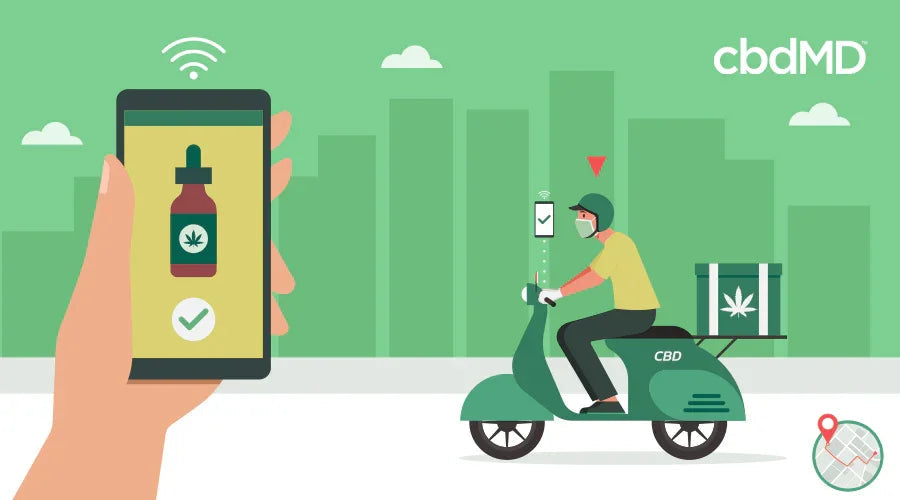 Illustration of CBD oil delivery with a courier on a scooter and a phone order screen.