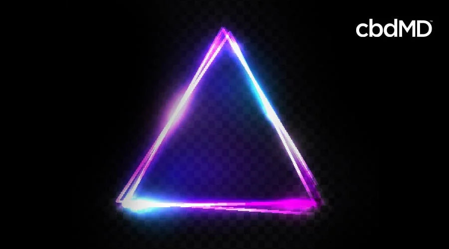 Glowing neon triangle with gradient blue and pink colors on a dark transparent background.