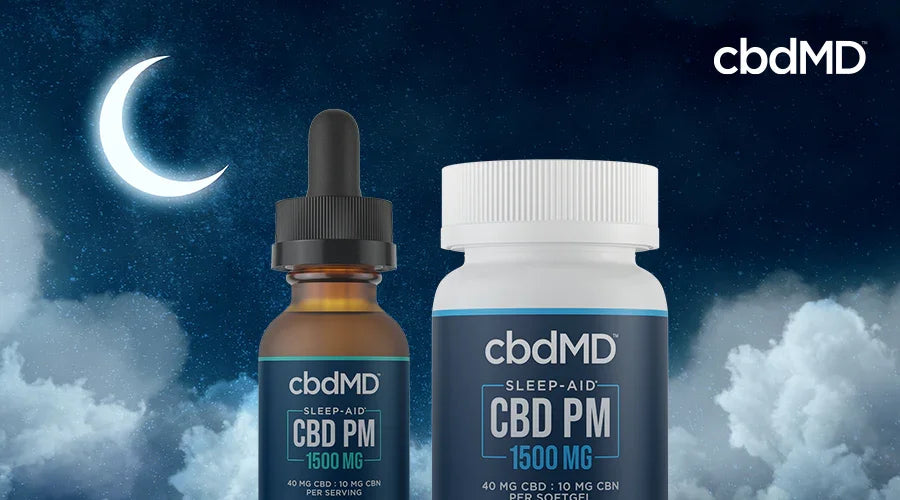 CBD PM sleep aid tincture and softgel bottle against a night sky with moon and clouds