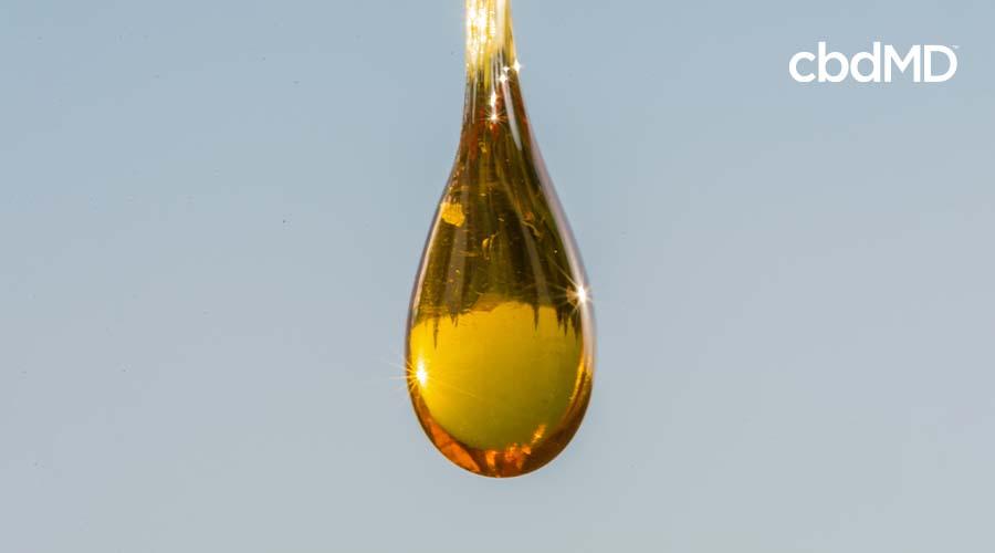Golden drop of full spectrum CBD oil against a clear background with cbdMD text.