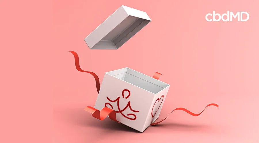 Gift box with red ribbon and yoga icon on pink background, wellness holiday gift concept