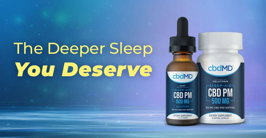 CBD PM sleep aid oil and capsules with melatonin on blue background promoting better sleep