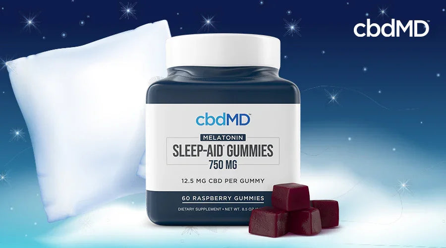 Melatonin sleep-aid gummies bottle with raspberry gummies, pillow, and night sky background