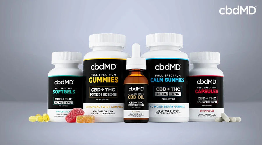 Assorted CBD and THC supplements including softgels, gummies, capsules, and CBD oil bottles.