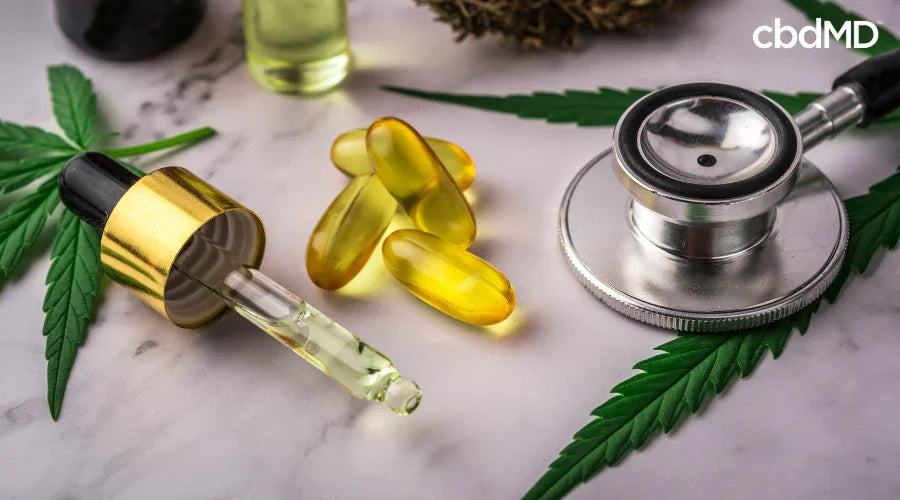 Collection of cbdMD CBD Products Near Stethoscope