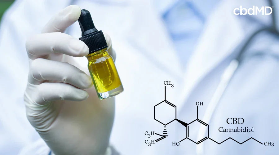 Scientist Holding CBD Oil with Cannabidiol Molecule