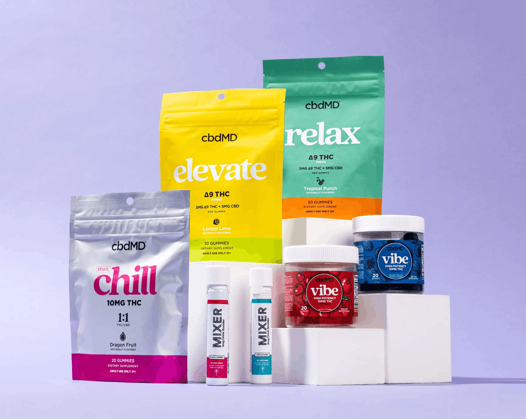 selection of cbdMD gummies and mixers on display against a lavender background