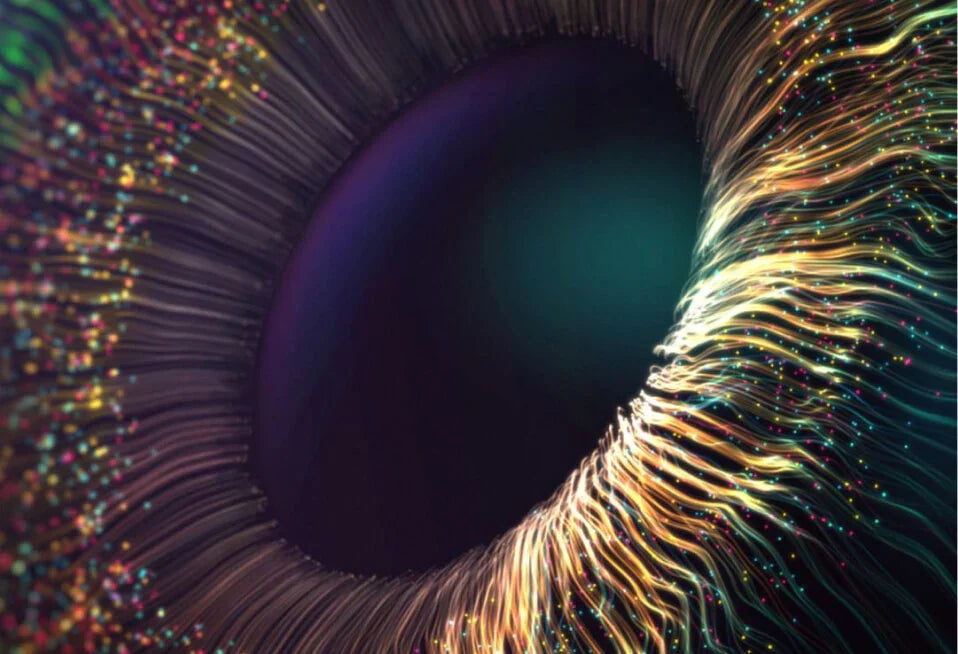 Colorful abstract close-up of an eye with neural fibers and glowing particles