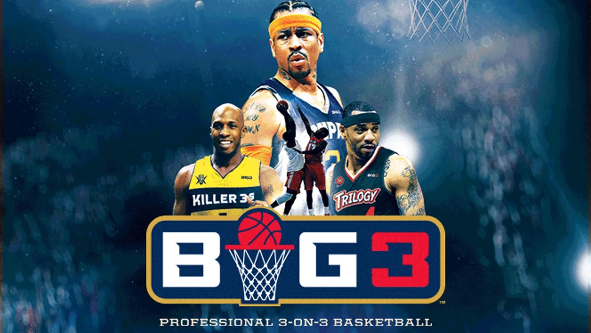 BIG3 basketball league promo with three male players and logo, professional 3-on-3 sports scene