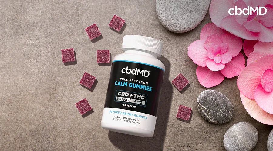 Full spectrum calm gummies 200 mg cbd 4 mg thc mixed berry with cbd gummies rocks and flowers around it - cbdMD