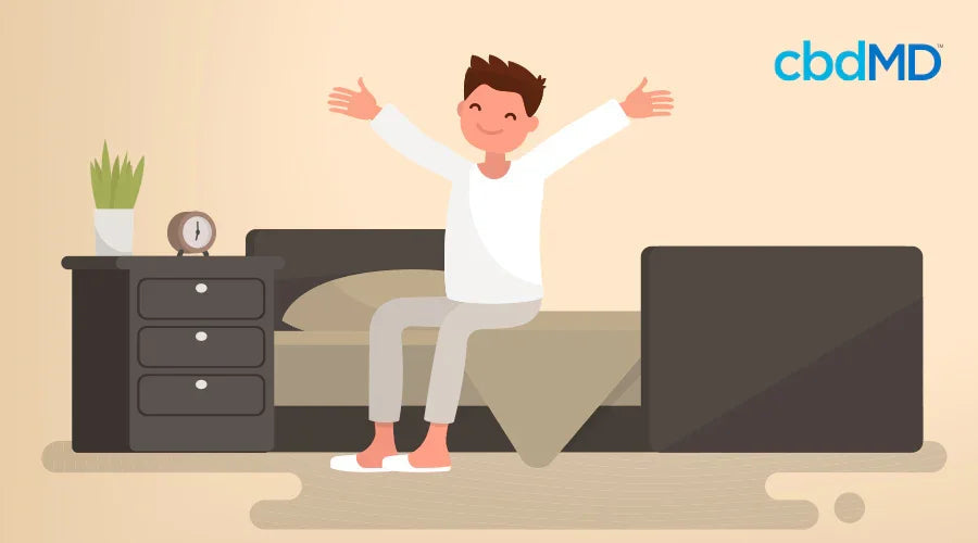graphic of a person sitting up out of bed and stretching with a smile on their face