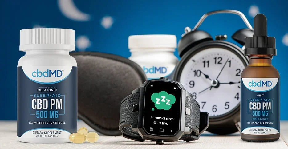 CBD sleep aid supplements with melatonin, watch, sleep mask, and alarm clock on a nightstand