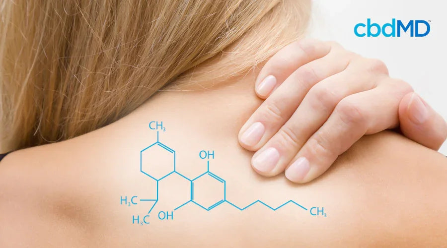 Person holding shoulder with CBD molecular structure overlay, cbdMD logo in corner.