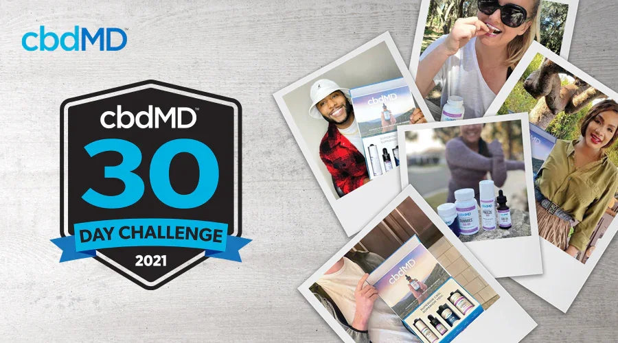 Collage of people holding wellness products and cbdMD 30 Day Challenge sign with supplement bottles.