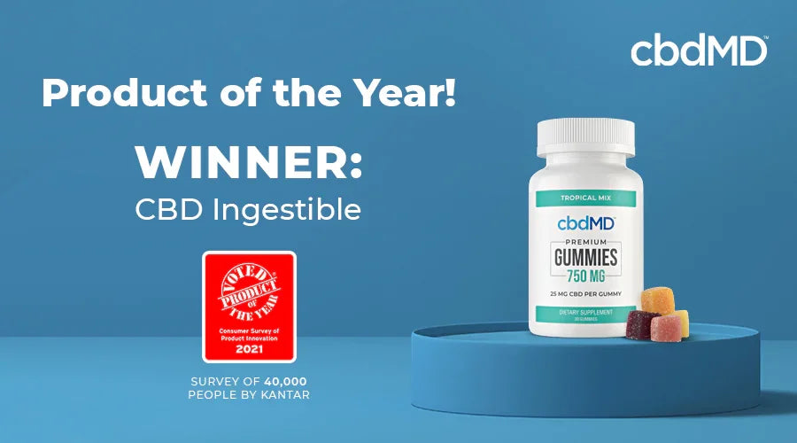 CBD gummies bottle labeled 750mg with colorful gummies, product of the year award badge.