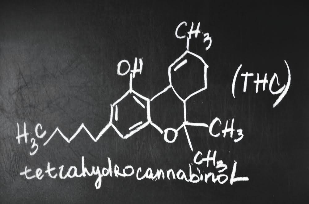 molecular makeup of THC drawn in chalk on a blackboard