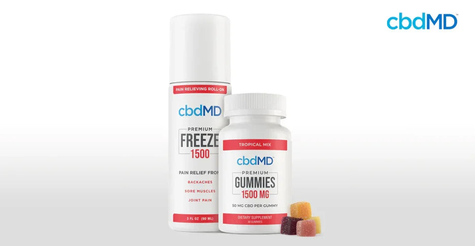 CBD pain relief roll-on and gummies bottle with assorted gummies on white background