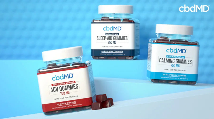 Apple cider vinegar acv gummies 750 mg apple container next to melatonin sleep aid gummies 750 mg raspberry and ashwagandha gummies 750 mg raspberry containers - cbdMD