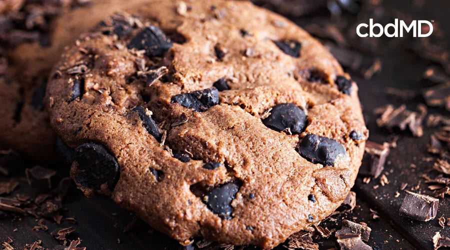 Close-up of chocolate chip cookies with rich chocolate chunks on a dark background