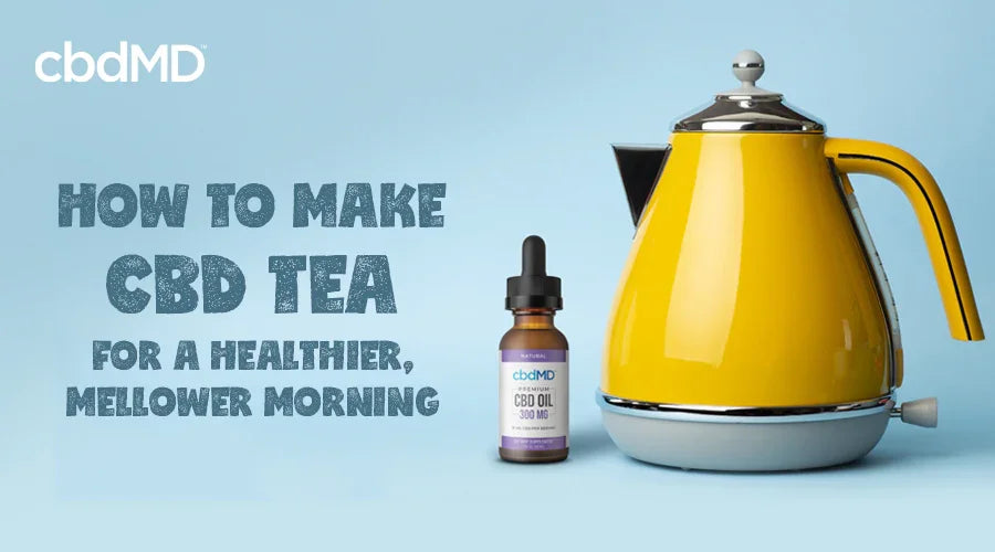 Yellow electric kettle and bottle of CBD oil for making morning CBD tea on a light blue background.