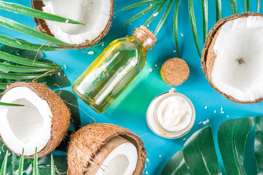Coconut halves, coconut oil bottle, and cream jar on blue background with palm leaves