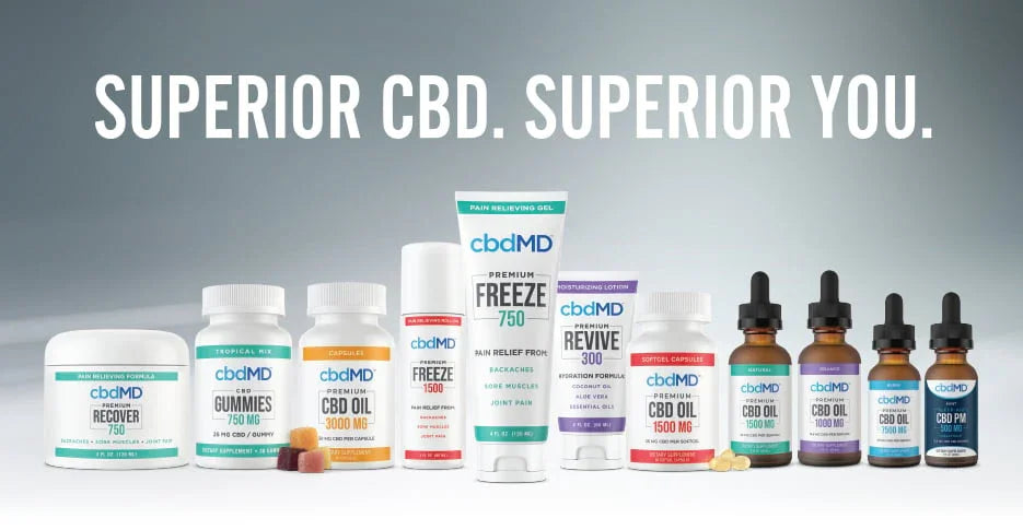 Assorted cbdMD CBD oils, gummies, creams, and capsules displayed under product slogan