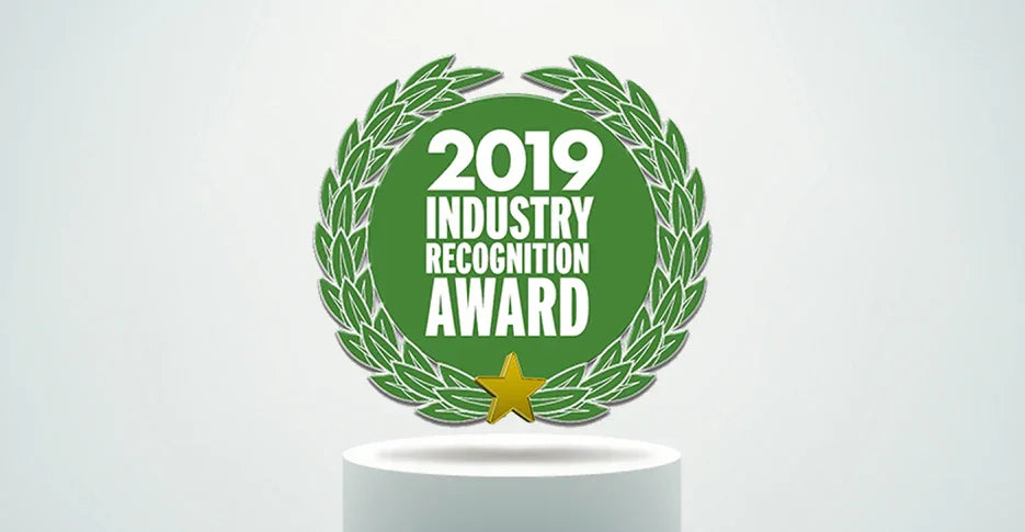 2019 Industry Recognition Award green wreath badge with gold star on white pedestal