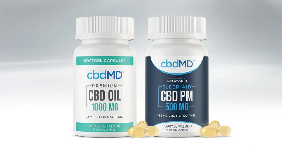 CBD oil and sleep-aid softgel capsules bottles with softgels on a light background.