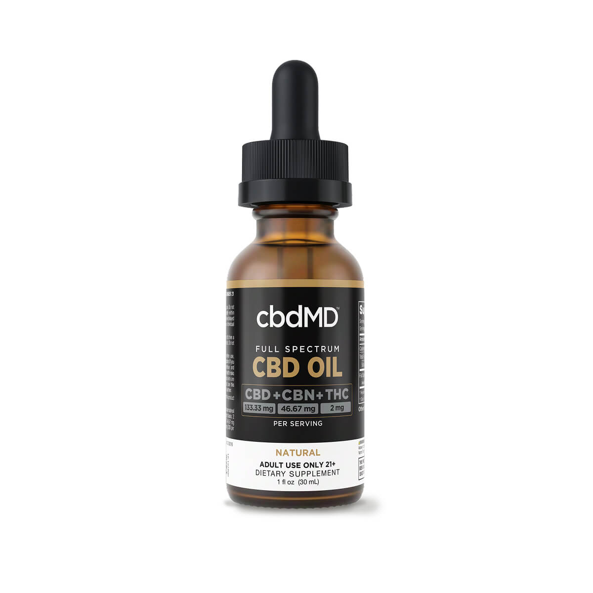 Full spectrum CBD oil tincture bottle with dropper, labeled CBD, CBN, THC, 4000mg strength