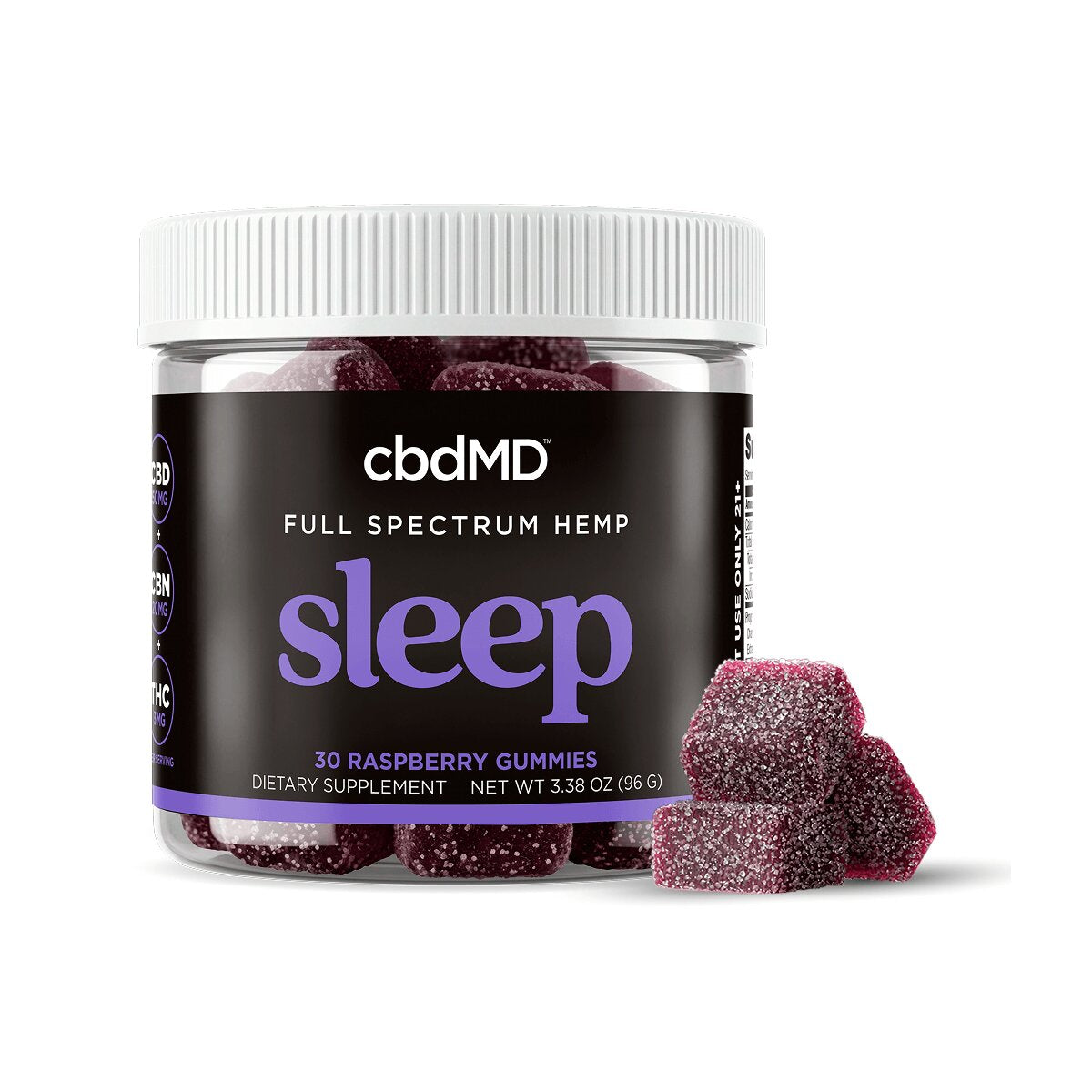 Jar labeled full spectrum hemp sleep gummies, 30 raspberry flavored, with sugar-coated purple gummies in front.