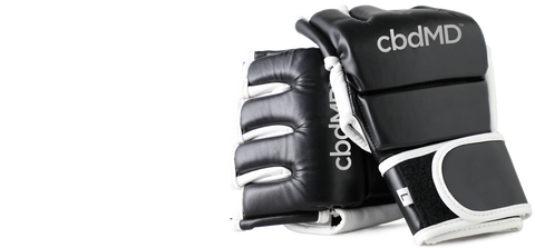 a pair of black and white boxing gloves with the cbdMD log on a grey background